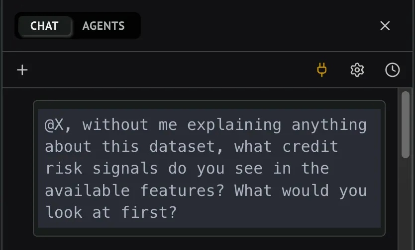 Marimo Chat sidebar prompt using @X to inject the dataset variable context into the question.