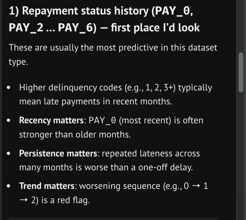 AI response identifying repayment status history as the strongest credit risk signal in the dataset.